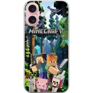 Apple iPhone 16 Genomskinligt Skal Minecraft mobilskal med skog och figurer i pixelstil