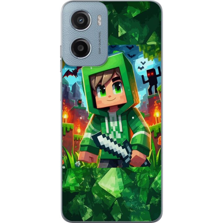 Kompatibelt Mobilskal till Motorola Moto G05 Minecraft spelare pojke grön hoodie - tecknad Minecraft pojke med svärd, pixlar och äventyrstema