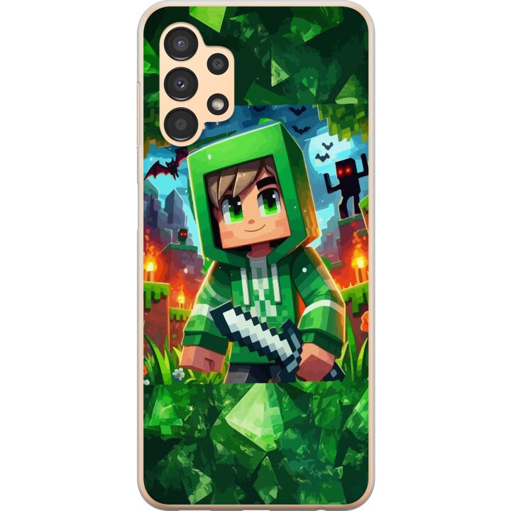 Kompatibelt Mobilskal till Samsung Galaxy A13 Minecraft spelare pojke grön hoodie - tecknad Minecraft pojke med svärd, pixlar och äventyrstema