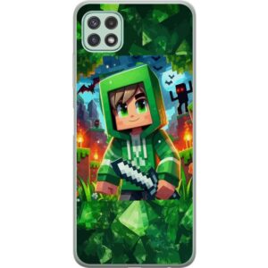 Kompatibelt Mobilskal till Samsung Galaxy A22 5G Minecraft spelare pojke grön hoodie - tecknad Minecraft pojke med svärd, pixlar och äventyrstema