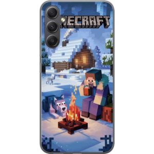Kompatibelt Mobilskal till Samsung Galaxy S23 FE Minecraft vintermotiv med Steve, varg, lägereld och snöig stuga spelillustration för Minecraft fans