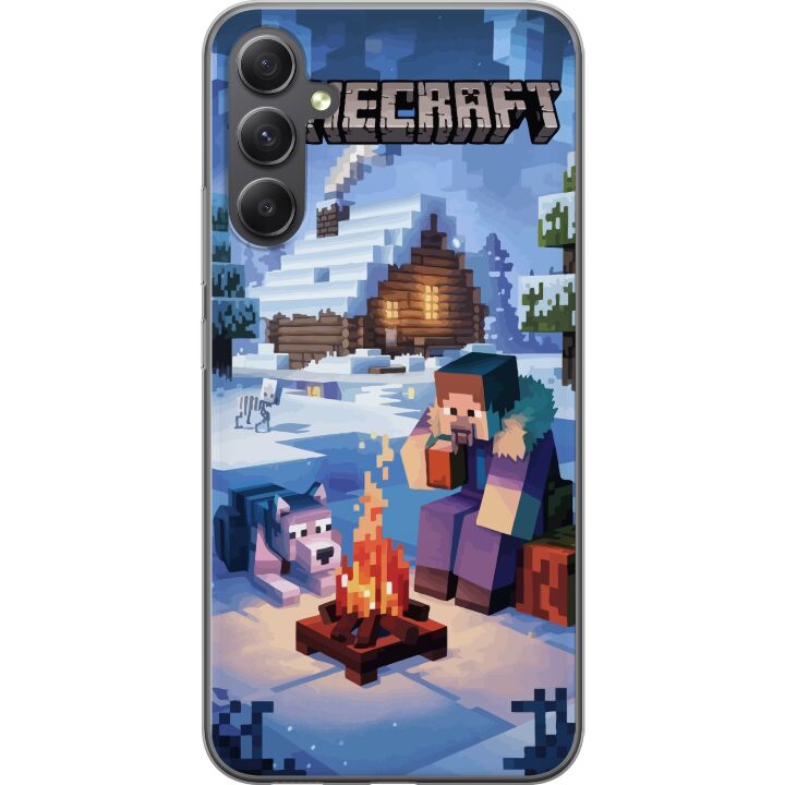 Kompatibelt Mobilskal till Samsung Galaxy S23 FE Minecraft vintermotiv med Steve, varg, lägereld och snöig stuga spelillustration för Minecraft fans