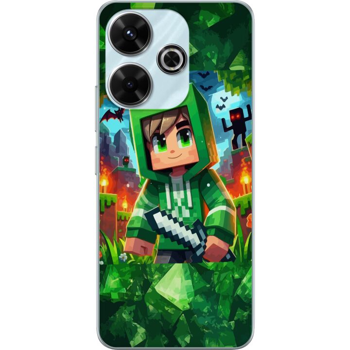 Kompatibelt Mobilskal till Xiaomi Redmi 13 Minecraft spelare pojke grön hoodie - tecknad Minecraft pojke med svärd, pixlar och äventyrstema