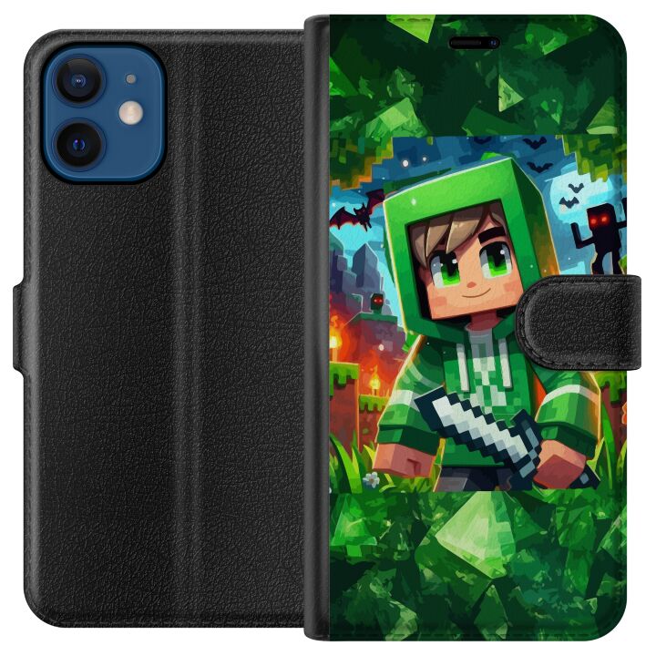Kompatibelt Plånboksfodral till Apple iPhone 12 Minecraft spelare pojke grön hoodie - tecknad Minecraft pojke med svärd, pixlar och äventyrstema