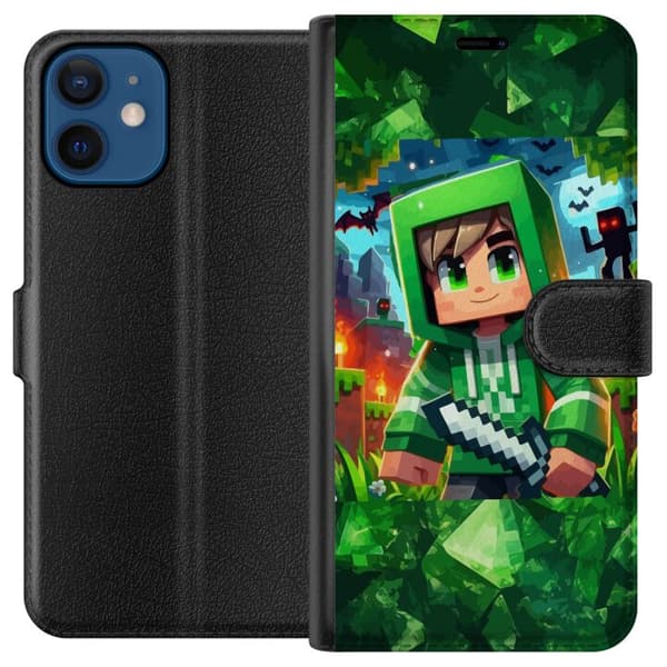 Kompatibelt Plånboksfodral till Apple iPhone 12 Minecraft spelare pojke grön hoodie - tecknad Minecraft pojke med svärd, pixlar och äventyrstema