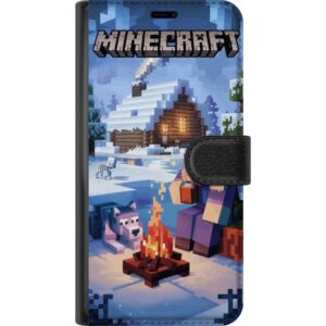 Kompatibelt Plånboksfodral till OnePlus 6 Minecraft vintermotiv med Steve, varg, lägereld och snöig stuga spelillustration för Minecraft fans