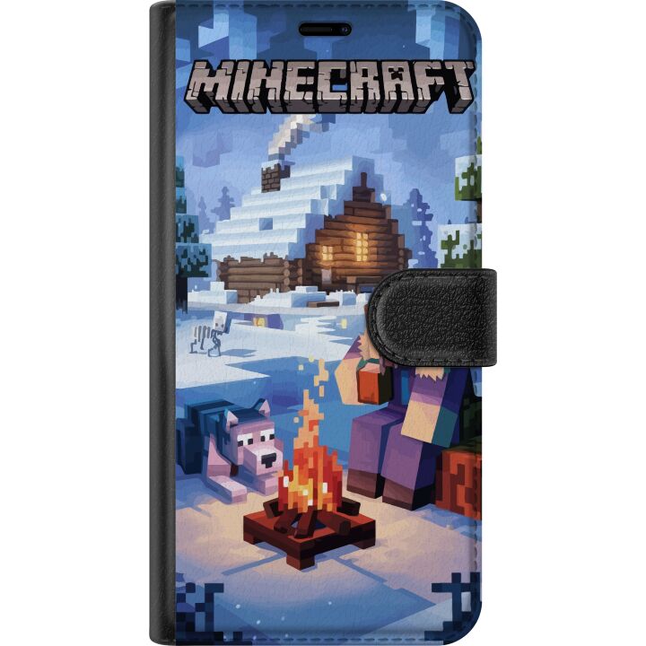 Kompatibelt Plånboksfodral till OnePlus 6 Minecraft vintermotiv med Steve, varg, lägereld och snöig stuga spelillustration för Minecraft fans