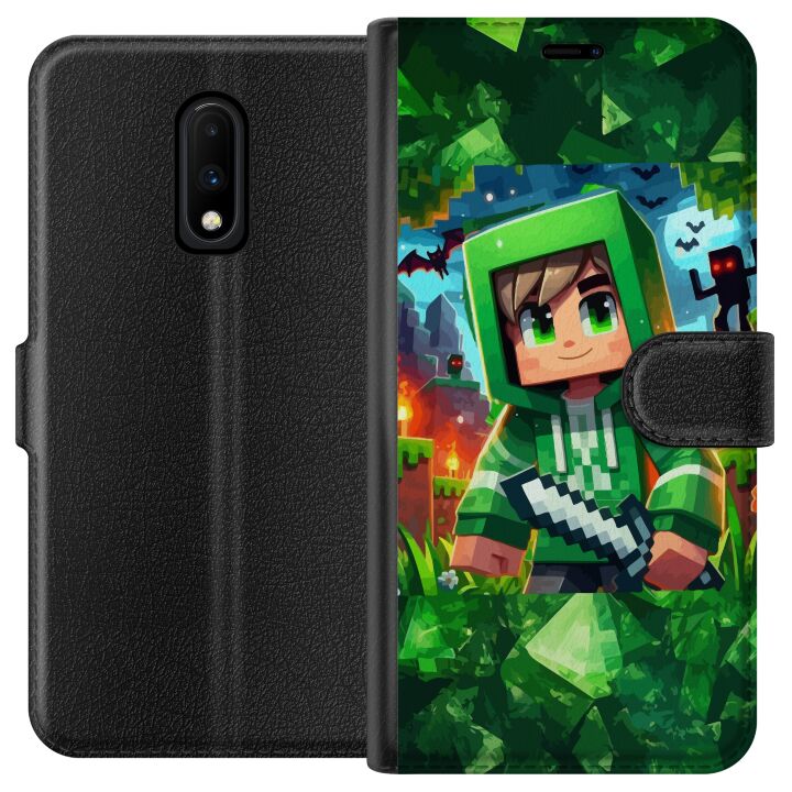 Kompatibelt Plånboksfodral till OnePlus 7 Minecraft spelare pojke grön hoodie - tecknad Minecraft pojke med svärd, pixlar och äventyrstema