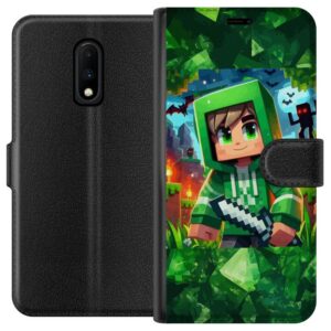 Kompatibelt Plånboksfodral till OnePlus 7 Minecraft spelare pojke grön hoodie - tecknad Minecraft pojke med svärd, pixlar och äventyrstema