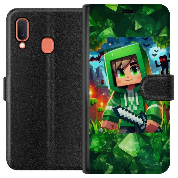 Kompatibelt Plånboksfodral till Samsung Galaxy A20e Minecraft spelare pojke grön hoodie - tecknad Minecraft pojke med svärd, pixlar och äventyrstema