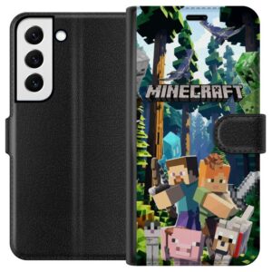 Kompatibelt Plånboksfodral till Samsung Galaxy S22 5G Minecraft mobilskal med skog och figurer i pixelstil