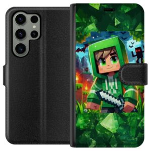 Kompatibelt Plånboksfodral till Samsung Galaxy S23 Ultra Minecraft spelare pojke grön hoodie - tecknad Minecraft pojke med svärd, pixlar och äventyrs