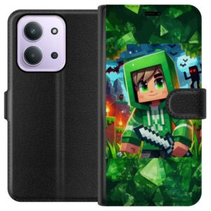 Kompatibelt Plånboksfodral till Xiaomi Redmi 15C Minecraft spelare pojke grön hoodie - tecknad Minecraft pojke med svärd, pixlar och äventyrstema