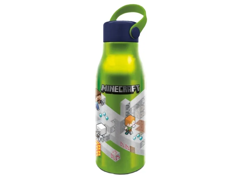 MINECRAFT ALUMINIUMFLASKA MED FLEXI-HANDTAG 760 ML Vattenflaska för barn tillverkad av tålig aluminium för enkel drickning. Innehåller lock med si...