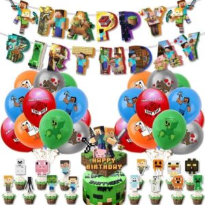 Minecraft Födelsedagsfestdekorationer, Födelsedagsbanderoller, Ballonger, Tårtdekorationer, Tejp, För Barn