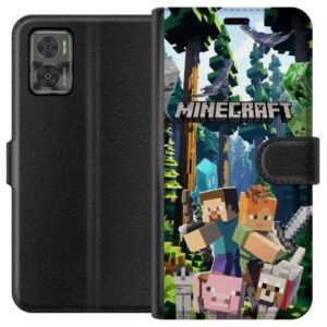 Motorola Moto E22i Plånboksfodral Minecraft mobilskal med skog och figurer i pixelstil